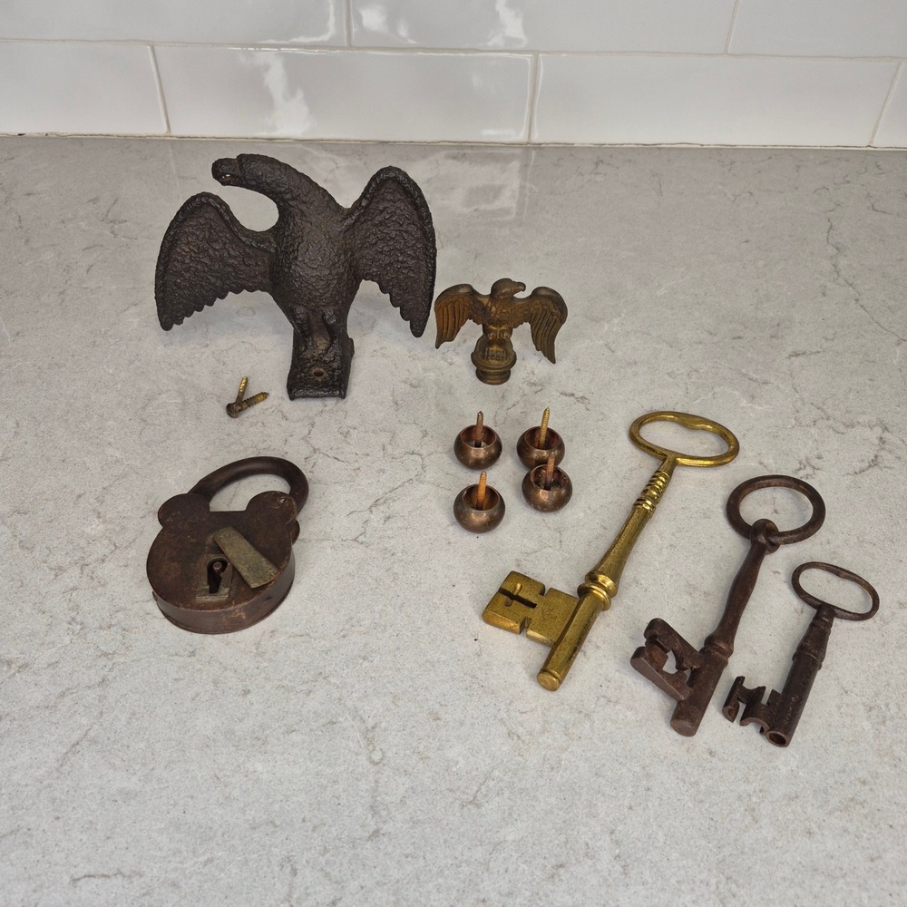 Antique Hardware Lot Cast Iron Eagle Brass Finials Skeleton Keys Padlock